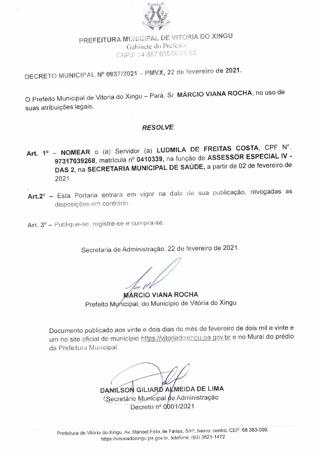 DECRETO Nº0937-2021 - LUDMILA DE FREITAS COSTA - Prefeitura Municipal de  Vitória do Xingu