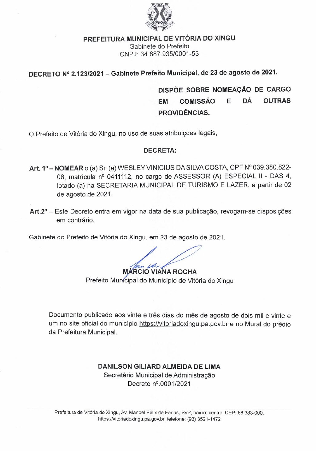 DECRETO Nº2.123-2021 - WESLEY VINICIUS DA SILVA COSTA - Prefeitura  Municipal de Vitória do Xingu