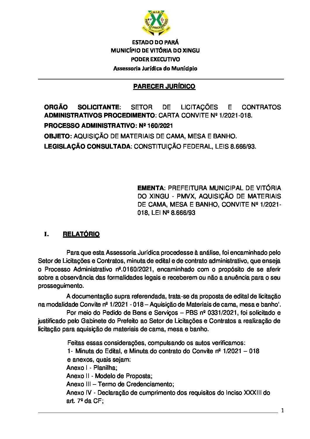 Parecer Juridico - 2021 - Convite - Materiais cama, mesa e banho -  Prefeitura Municipal de Vitória do Xingu | Gestão 2021-2024